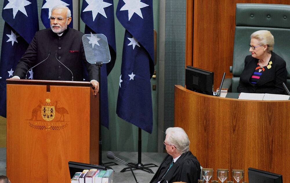 PM Narendra Modi addresses the Australian Parliament in Canberra.