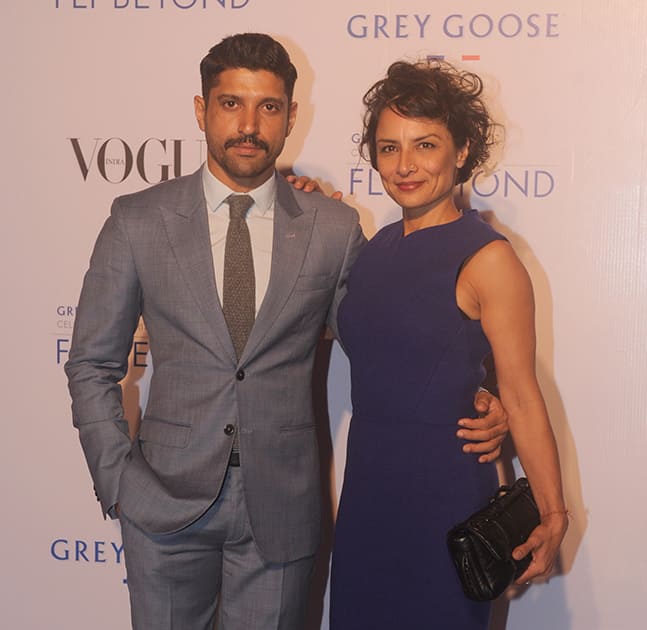 Farhan Akhtar and Adhuna Akhtar during Grey Goose Fly Beyond Awards 2014 in Mumbai.- Rajneesh Londhe.DNA