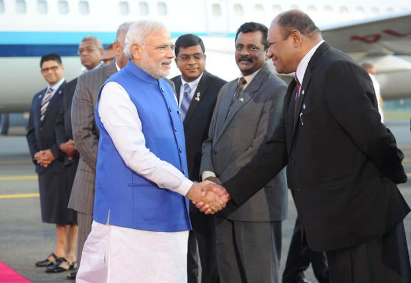 PM Narendra Modi being received on his arrival, at Nausori International Airport, in Suva, Fiji.