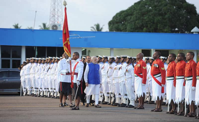 PM Narendra Modi being given Guard of Honour, on his arrival, at Nausori International Airport, in Suva, Fiji.