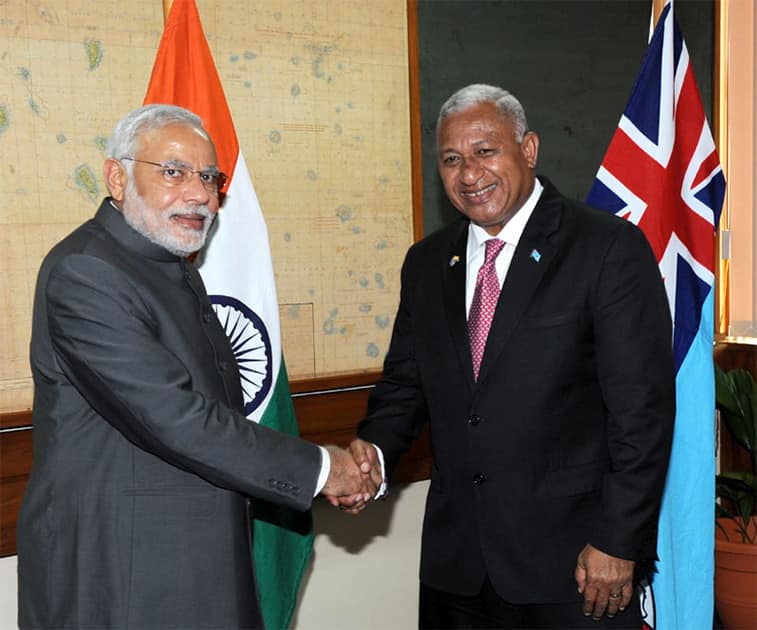 PM Narendra Modi meeting the Prime Minister of Fiji, Mr. Frank Bainimarama, at the bilateral talks, in Suva, Fiji.