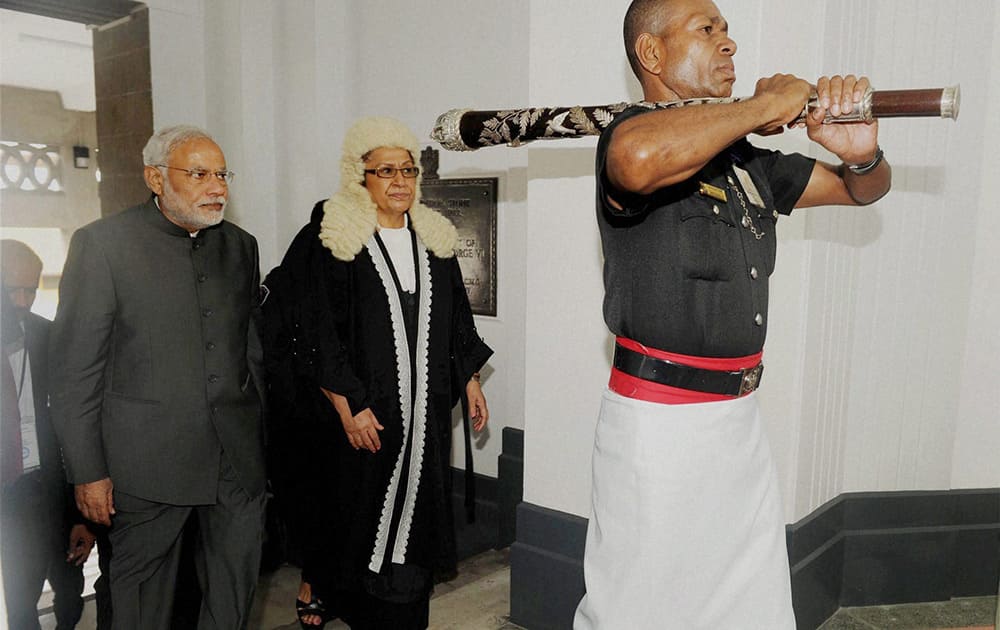 Prime Minister Narendra Modi with the Speaker of Fiji Parliament, Jiko Luveni on his arrival at Parliament in Suva, Fiji.