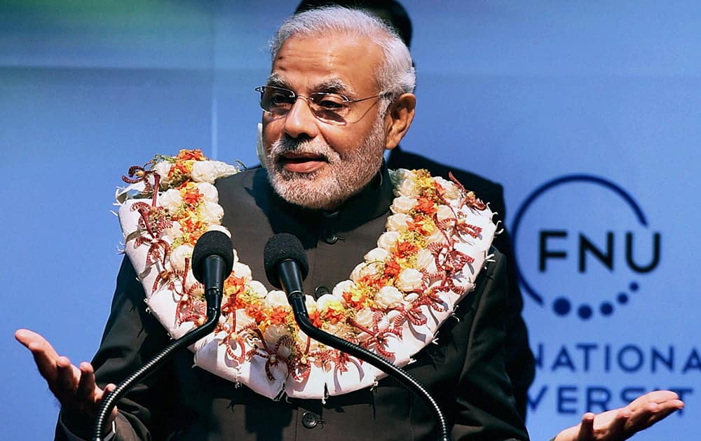 Prime Minister Narendra Modi speaks during a function at Fiji National University in Suva.