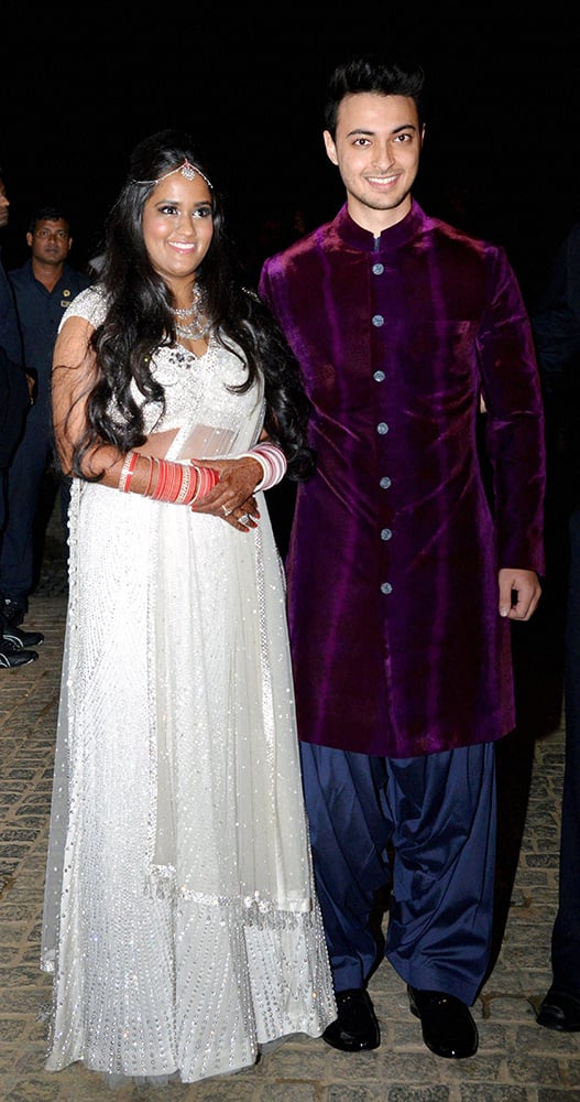 Salman Khans sister Arpita Khan with businessman Aayush Sharma after her wedding at Taj Falaknuma Hotel in Hyderabad.