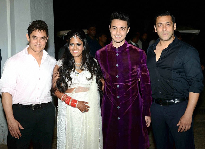 Actors Aamir Khan and Salman Khan at the wedding of Salmans sister Arpita Khan with businessman Aayush Sharma at Taj Falaknuma Hotel in Hyderabad.