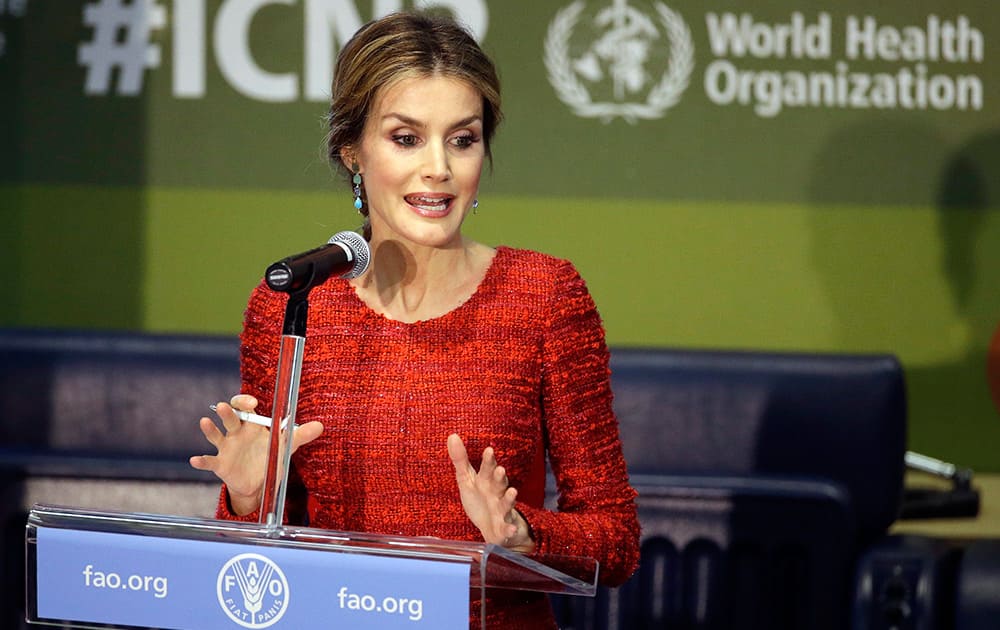 Spain's Queen Letizia delivers her speech during the United Nations Food and Agriculture Organization (FAO) second International Conference on Nutrition, in Rome.