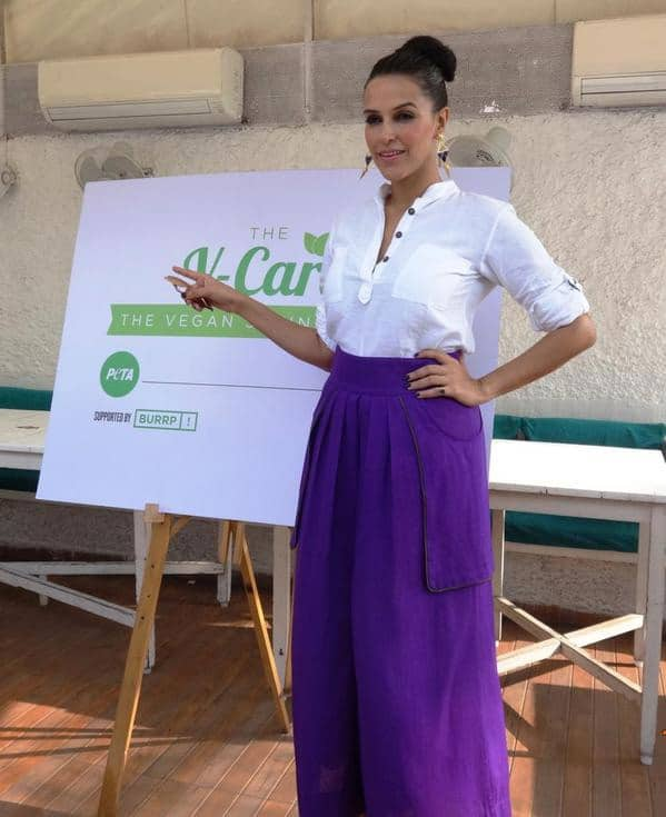 Neha Dhupia ‏:-“@megchadha: Stunning @NehaDhupia @PetaIndia V-Card launch today. ” thanks Meghz now let's go #vegan -twitter