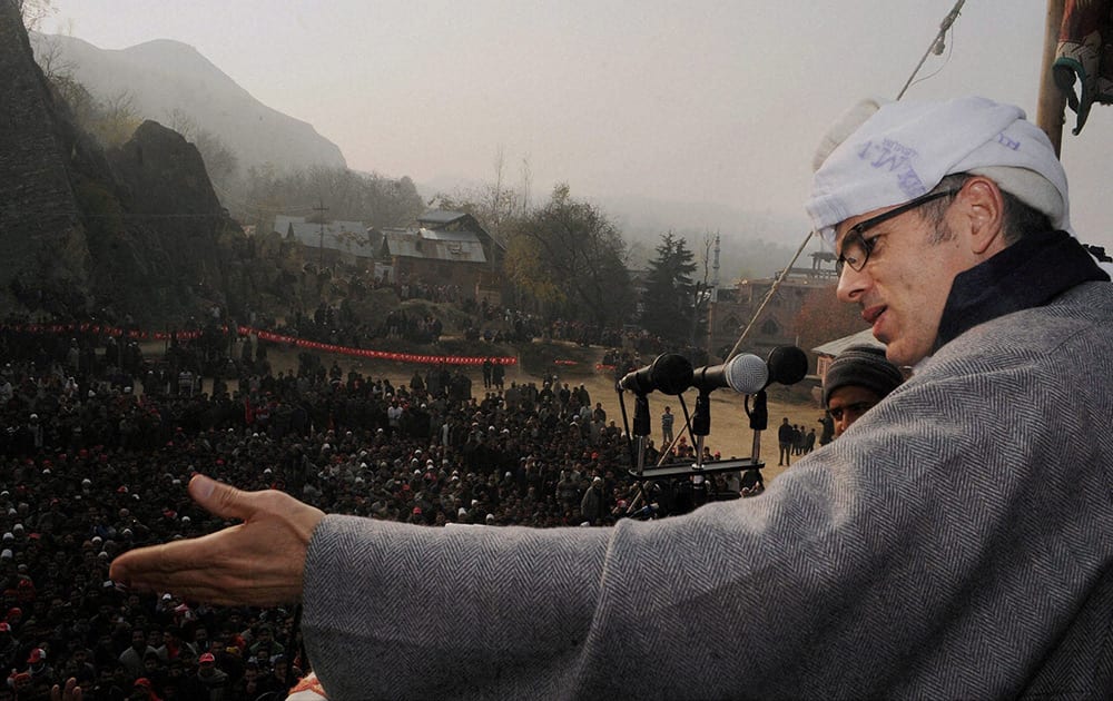 Jammu and Kashmir Chief Minister and National Conference working president Omar Abdullah addresses a rally after filing nomination papers for Assembly elections at Beerwah in Budgam.