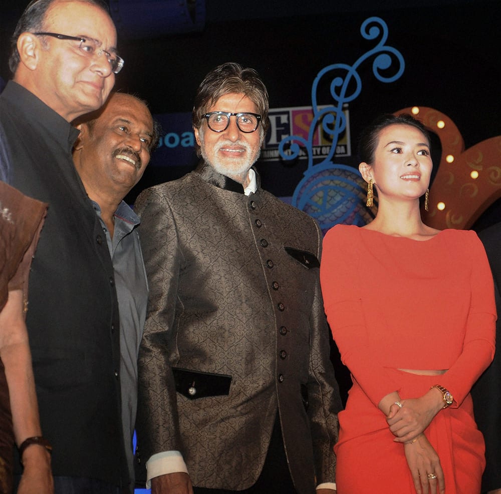 Union I & B Minister Arun Jaitley with Mega actors Amitabh Bachchan and Rajinikanth at the inauguration of the 45th International Film Festival of India 2014 in Panaji.