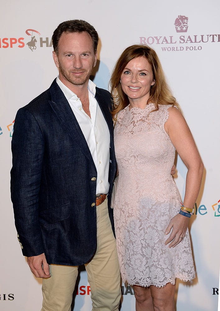 Christian Horner, left, and Geri Halliwell attend the Sentebale Polo Cup presented by the Royal Salute World Polo at the Ghantoot Polo Club in Abu Dhabi, United Arab Emirates.