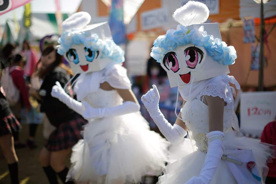 Mascots called 'Sanasenabona' from Nagasaki prefecture's Kujyuukushima perform at World Character Summit in Hanyu, Saitama prefecture, north of Tokyo.