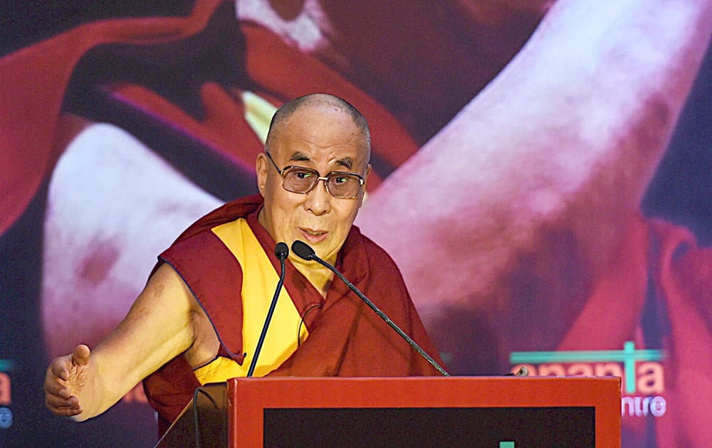 Tibetan spiritual leader Dalai Lama addressing at Ananta center in New Delhi.