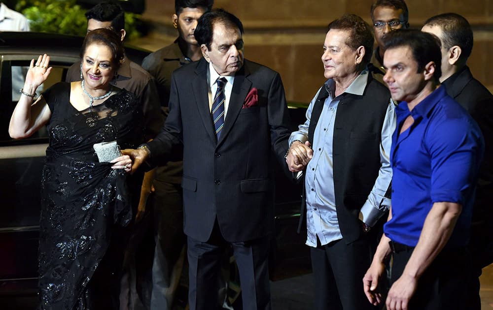 Bollywood vetran actor Dilip Kumar with wife Saira, Salim Khan and Sohail during the wedding reception of Arpita Khan and Aayush Sharma in Mumbai.