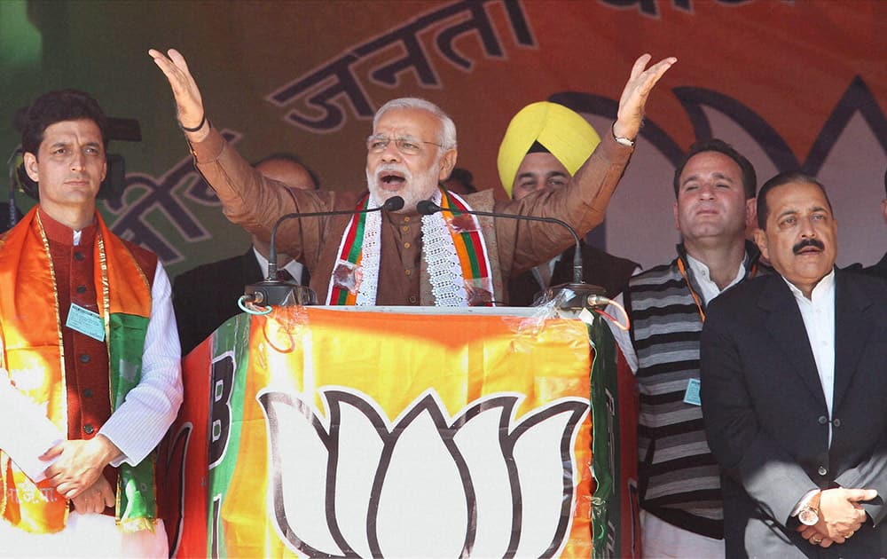 Prime Minister Narendra Modi during an election rally in Kishtwar district about 240km from Jammu.