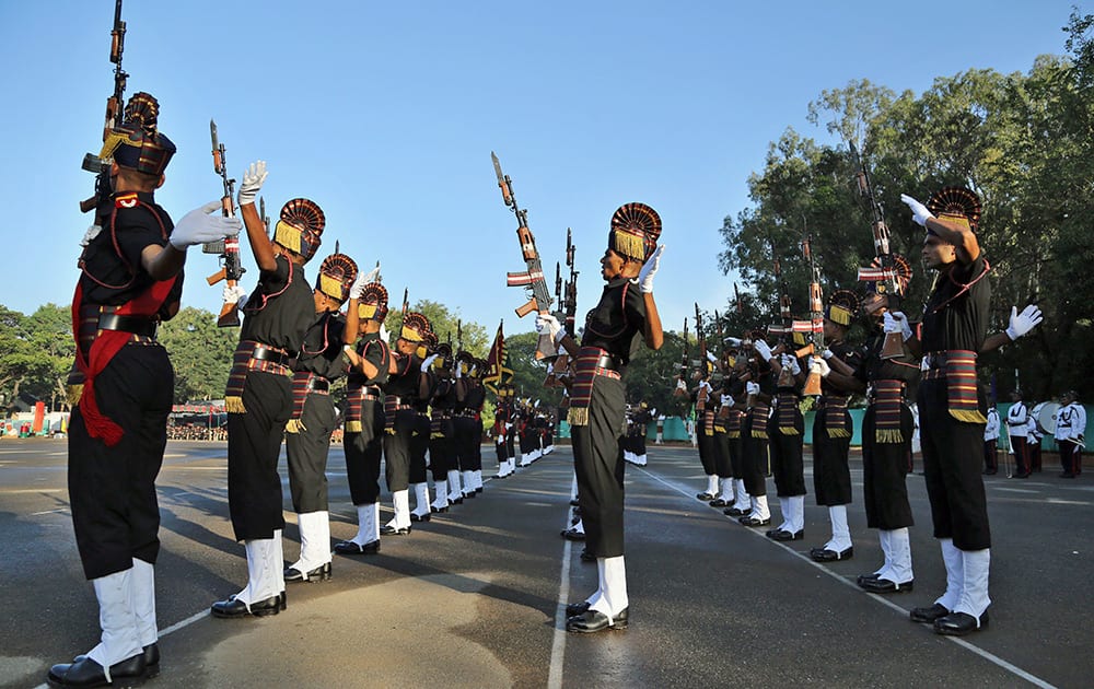 Newly graduated soldiers of the Indian Army participate in their passing out parade ceremony in Bangalore.