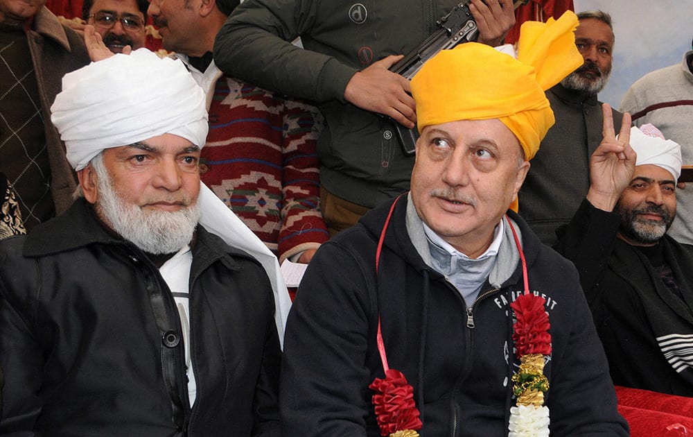 Anupam Kher shares the stage with Peoples Republican Party President, G M Trumboo at an election rally in Srinagar.