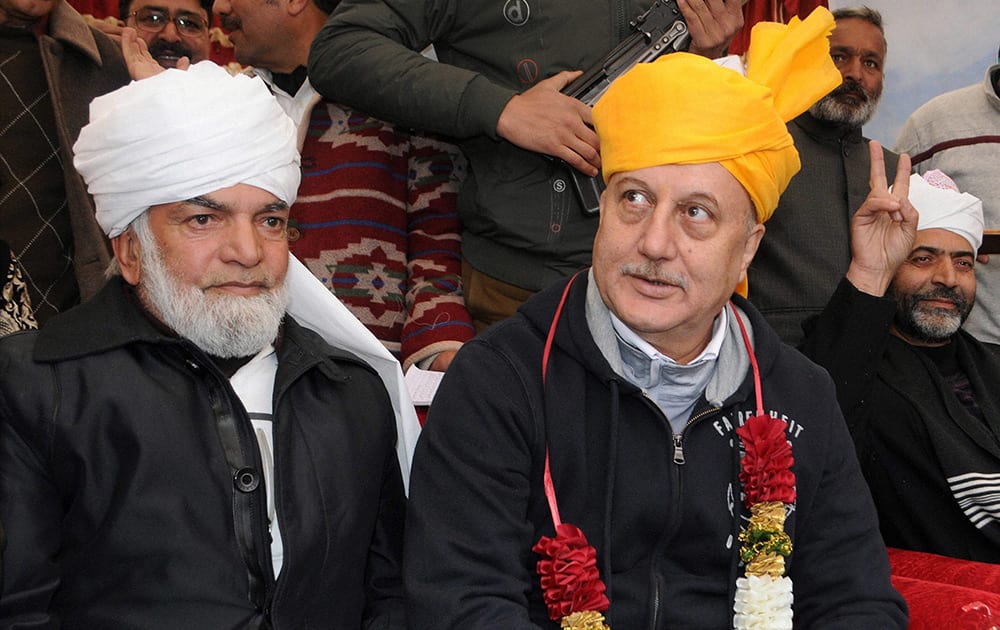 Anupam Kher shares the stage with Peoples Republican Party President, G M Trumboo at an election rally in Srinagar.