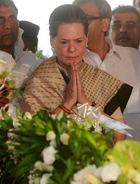 Congress party leader Sonia Gandhi, pays tributes to former Indian minister Murli Deora in Mumbai.