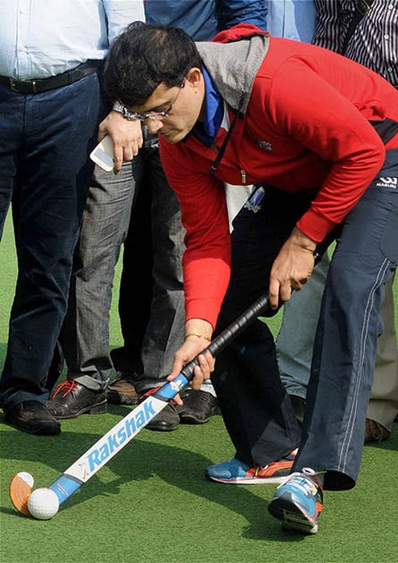 Sourav Ganguly plays hockey during the inauguration of 119th Beighton Cup tournament, at SAI (Sports Authority of India) compound in Kolkata.