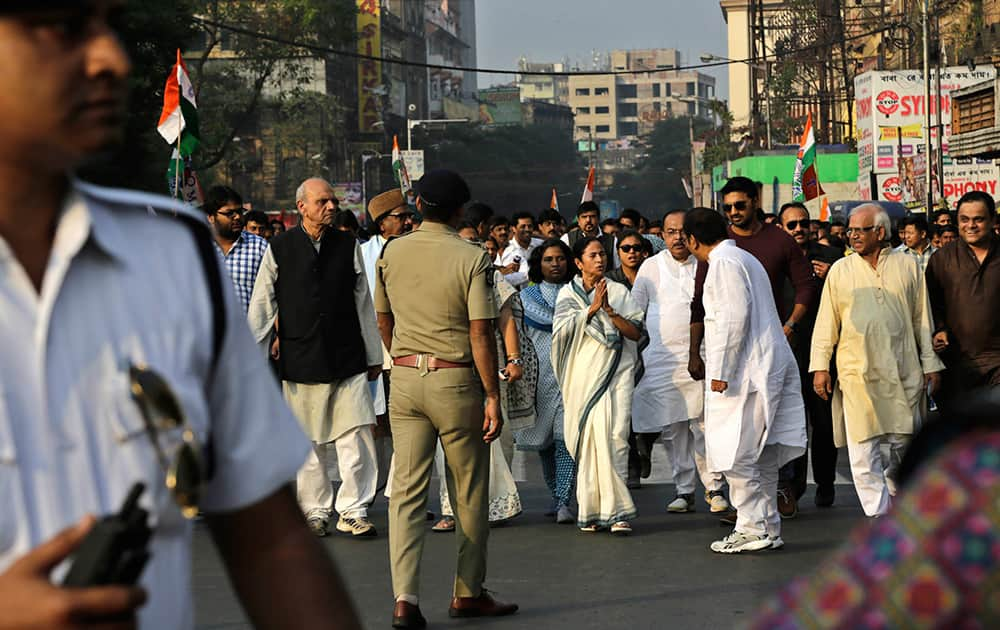 West Bengal state Chief Minister and Trinamool Congress party (TMC) chief Mamata Banerjee, leads a protest against the federal government in Kolkata.