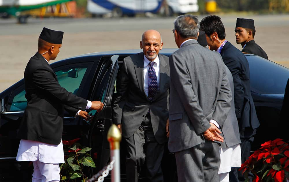 Afghanistan President Ashraf Ghani, arrives at the Tribhuwan Airport to attend the 18th summit of South Asian Association for Regional Cooperation (SAARC) in Katmandu, Nepal.