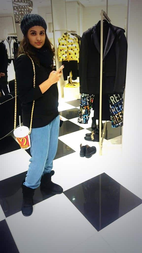 PARINEETI CHOPRA ‏:-Crazy Moschino bag!!! #moschino #quirky #London -twitter 