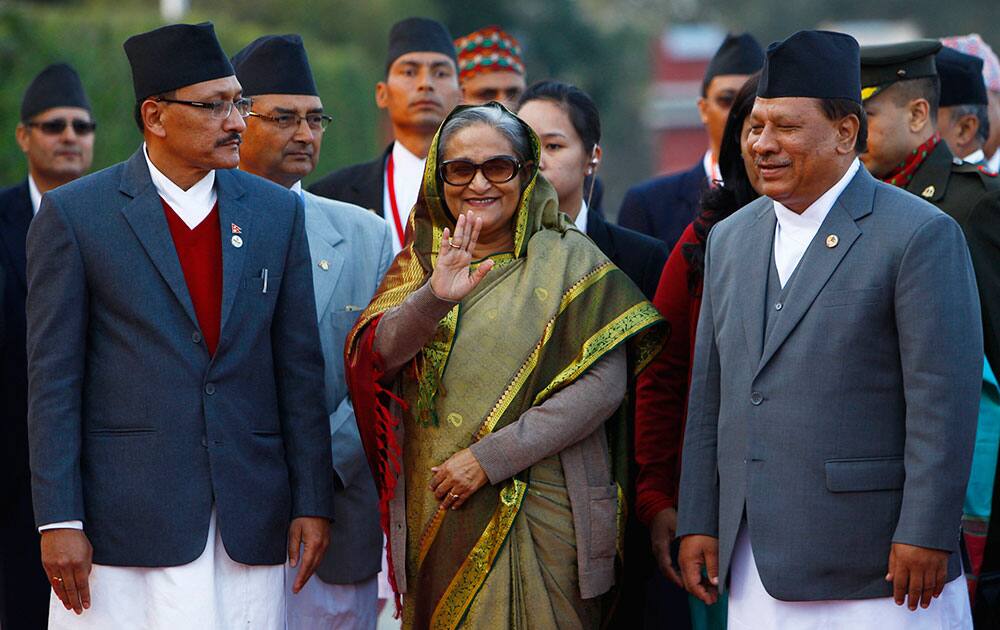Prime Minister of Bangladesh Sheikh Hasina arrives at the Tribhuvan International Airport to attend the 18th summit of the South Asian Association for Regional Cooperation (SAARC) in Katmandu, Nepal.