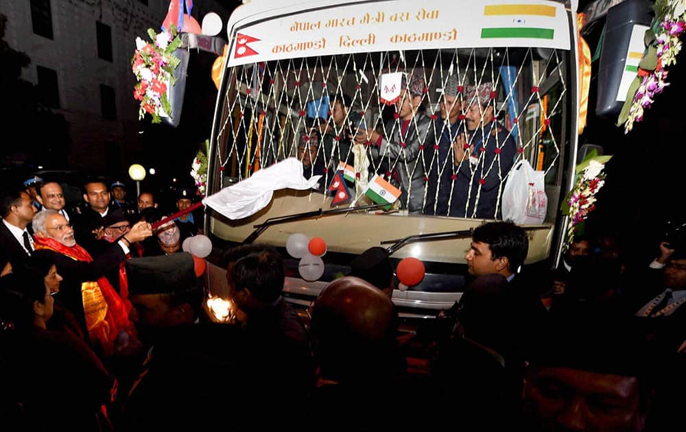 Prime Minister Narendra Modi flagging off India-Nepal bus service in Kathmandu.