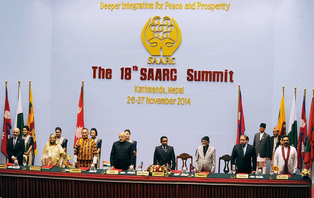 Prime Minister Narendra Modi with other SAARC nations leaders at the inaugural session of the 18th SAARC Summit in Kathmandu.