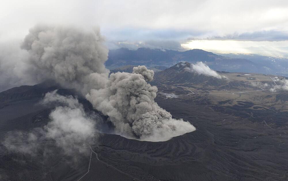 Volcanic smoke billows from Mount Aso, Kumamoto prefecture, on the southern Japanese main island of Kyushu.