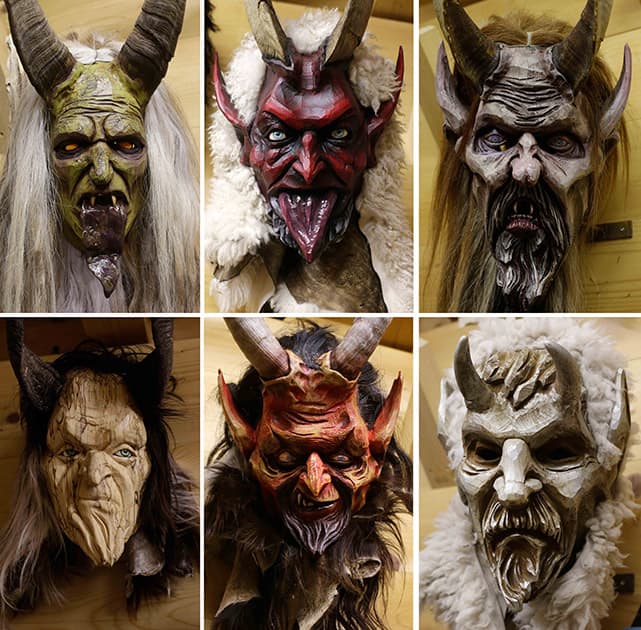 The combination photo shows traditional wooden Perchten masks in the factory of wood carver Hansi Schwabl in Inzell, southern Germany.