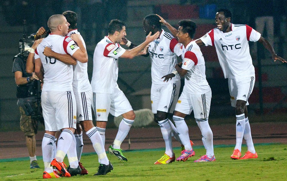 NorthEast United FC players celebrate their third goal against Chennaiyin FC during their ISL match in Guwahati.