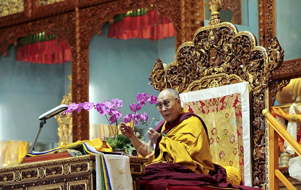 Tibetan spiritual leader the Dalai Lama addressing Buddhist monks and other followers during the celebration of 600th anniversary of the writing of the great tantric commentary, at Gytuo Monastery in Sidhbari near Dharamshala.