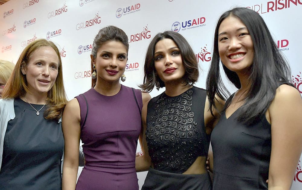 Actresses Priyanka Chopra and Freida Pinto during the Girl Rising global campaign for girls education at American Center in New Delhi.