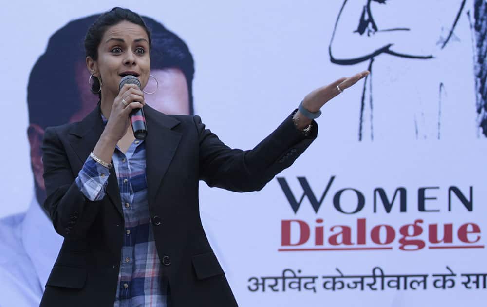 Actress Gul Panag speaks to women from various fields during the AAP's 