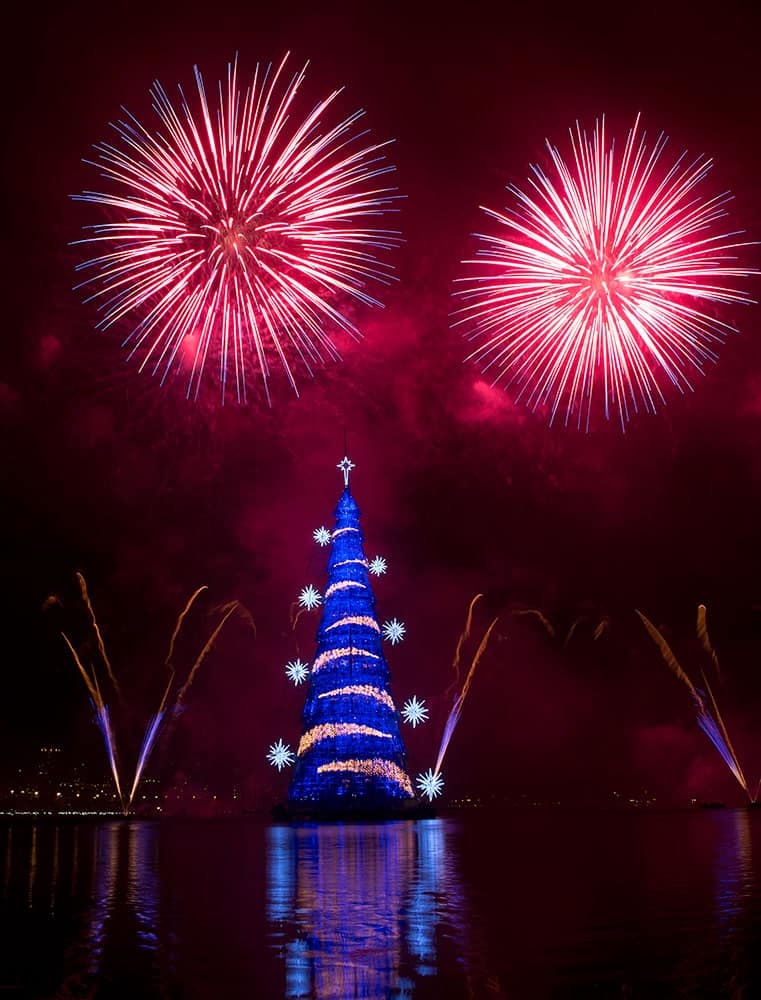 Fireworks explode over the floating Christmas tree in Lagoa lake at the annual holiday tree lighting event in Rio de Janeiro, Brazi.
