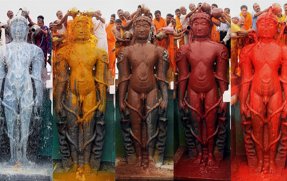 Combo picture of the various stages of Mahamastabhisheka ceremony of the statue of Lord Gommateshwara in Gommatagiri.