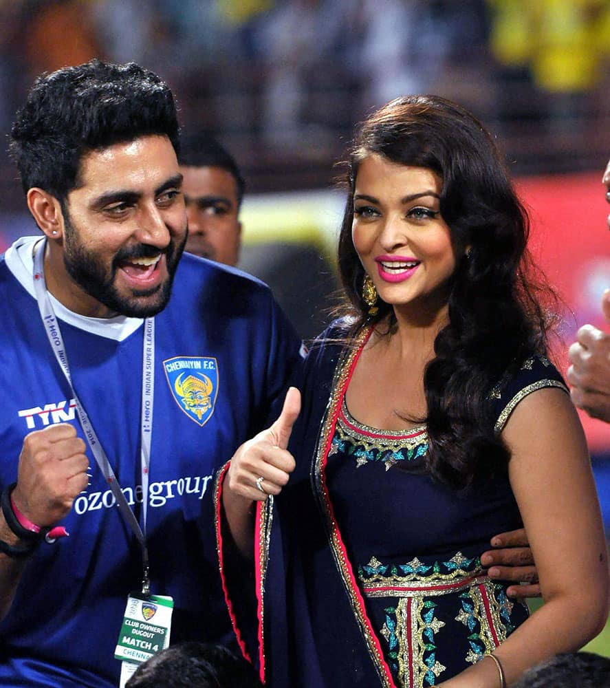 Abhishek Bachchan and Aishwarya Rai during the Indian Super League match.