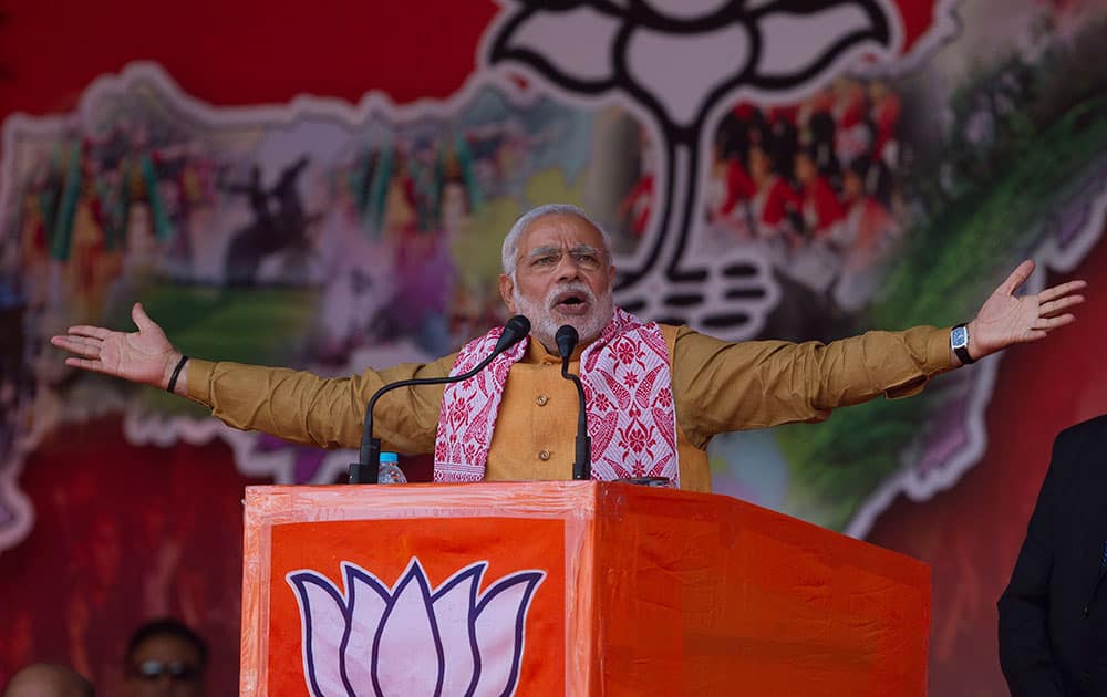 Indian Prime Minister Narendra Modi addresses Bharatiya Janata Party (BJP) worker's rally in Gauhati, India. Modi is on a three-day visit to the northeastern states.