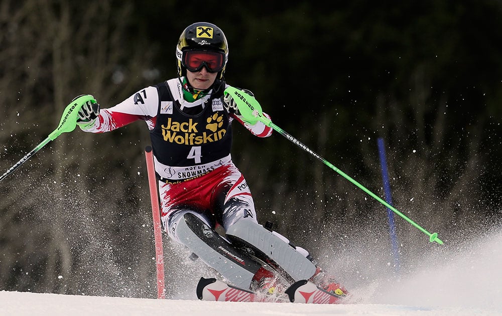 Kathrin Zettel of Austria speeds down the course during the women's World Cup slalom ski race in Aspen.