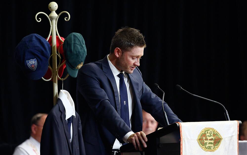 Australian cricket captain Michael Clarke speaks at the funeral of Phillip Hughes in Macksville, Australia.