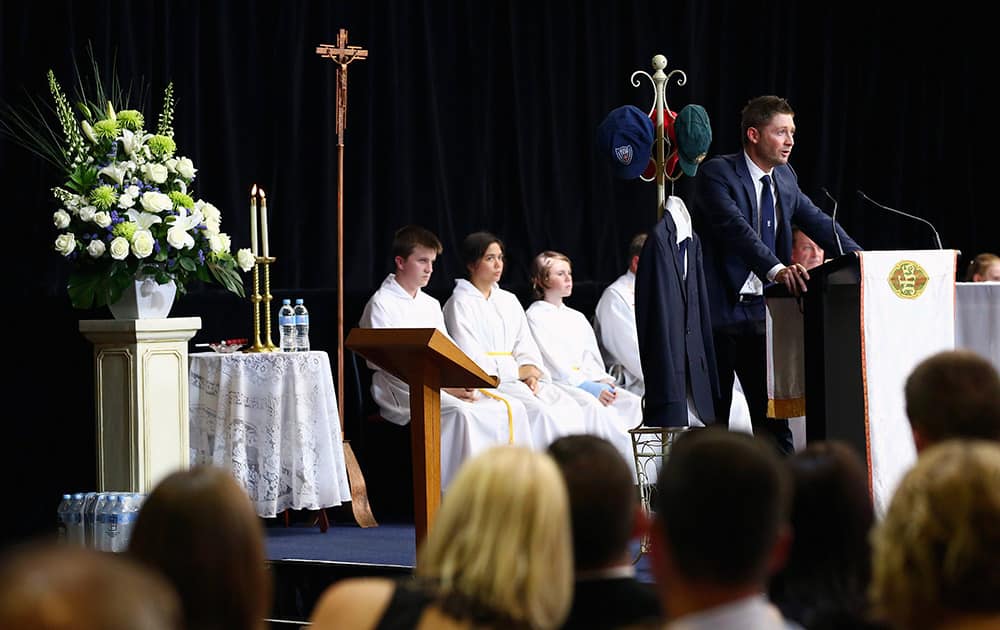 Australian cricket captain Michael Clarke speaks at the funeral of Phillip Hughes in Macksville, Australia.