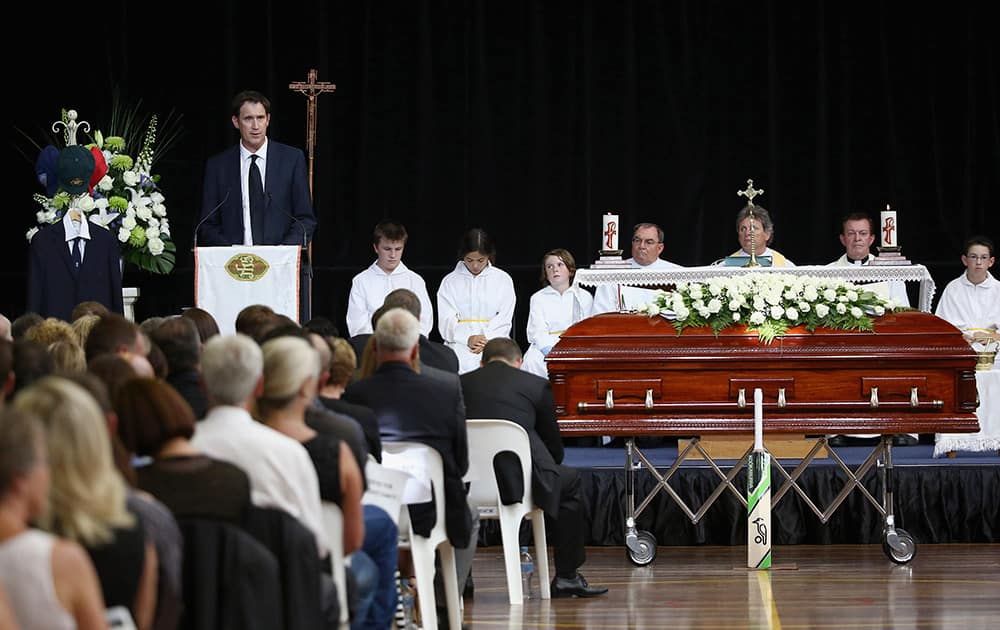 Cricket Australia CEO James Sutherland, speaks at the funeral of Phillip Hughes in Macksville, Australia.