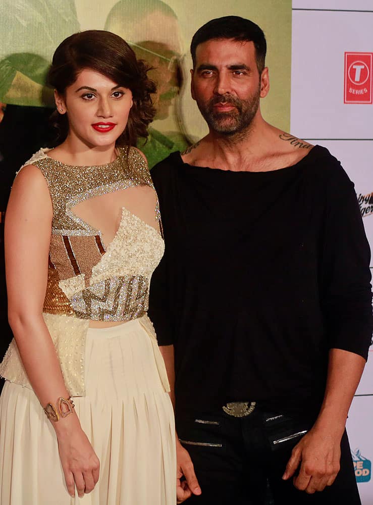 Bollywood Actors Akshay Kumar and Taapsee Pannu pose for a picture during a trailer launch of their upcoming movie `Baby`in Mumbai, India, 