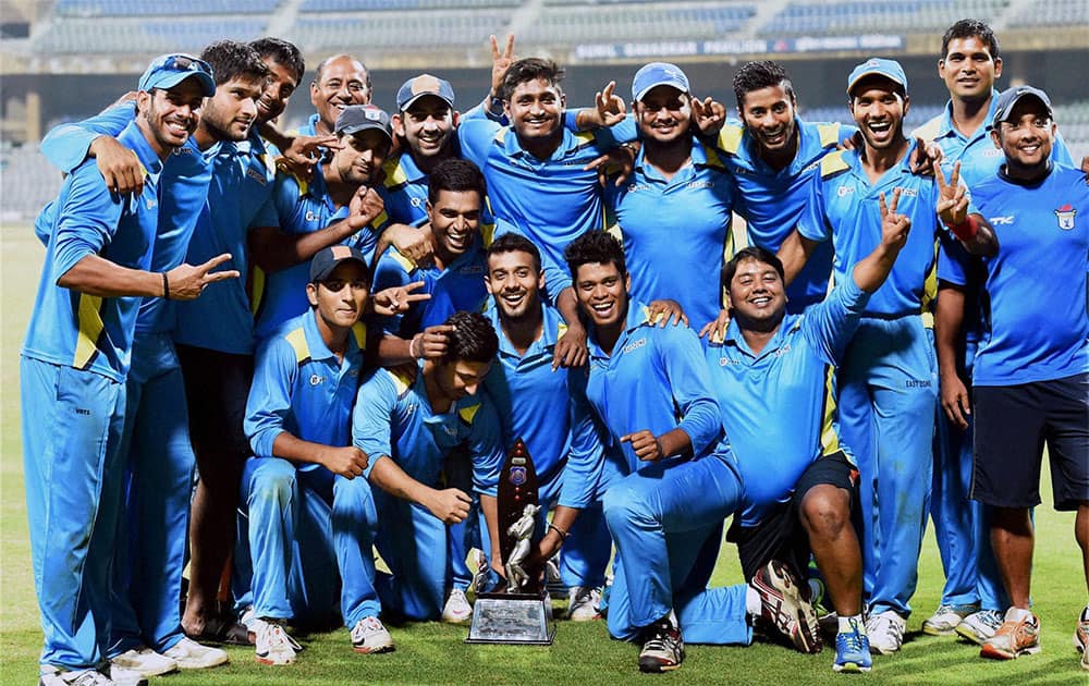 East Zone players celebrate their win against West Zone after the final match of Deodhar Trophy in Mumbai.