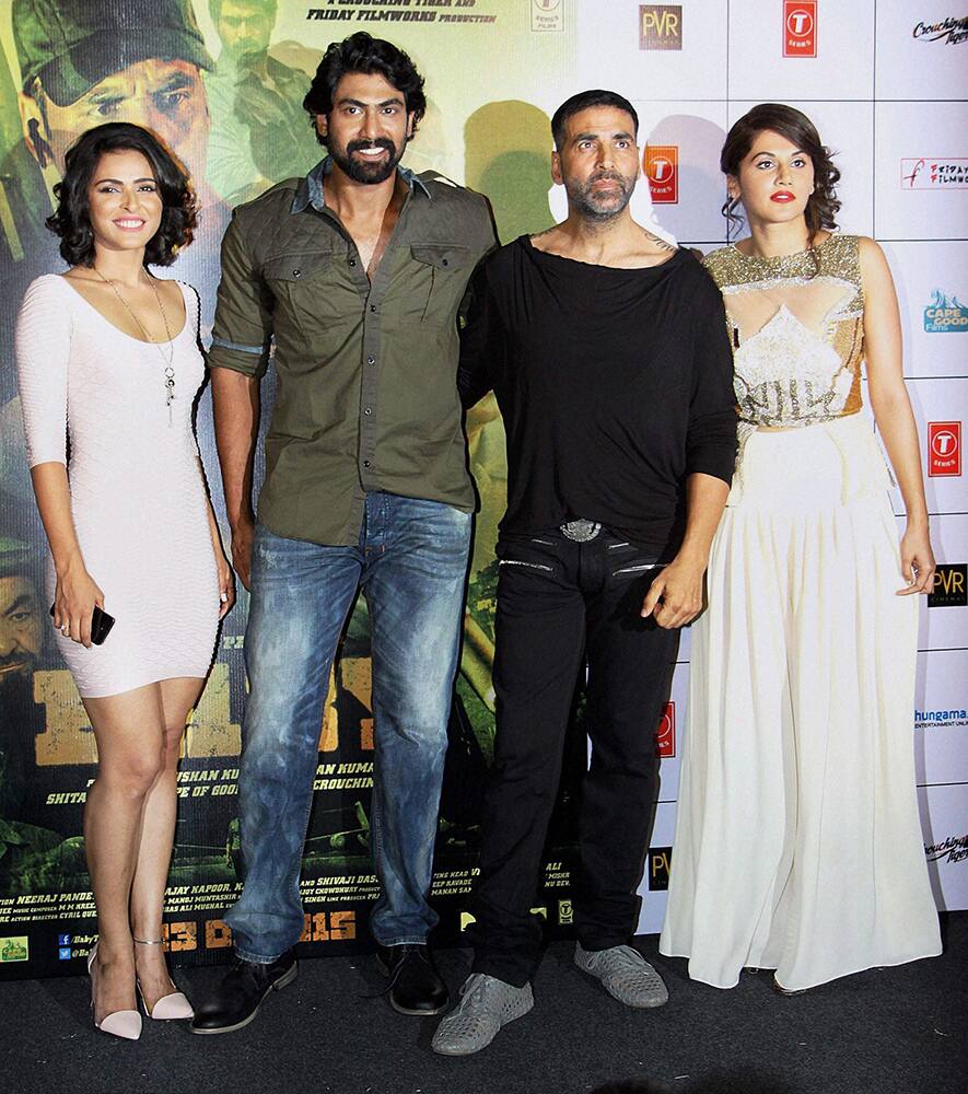 Bollywood actors Akshay Kumar, Rana Daggubati, Madhurima Tuli and Taapsee Pannu during the trailer launch of film Baby in Mumbai.