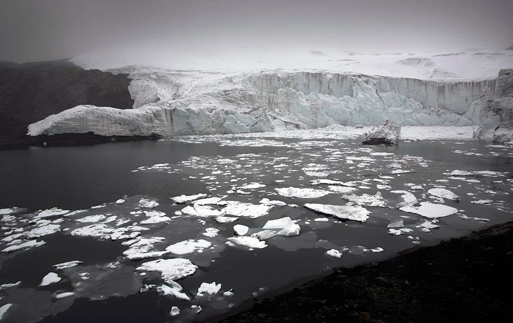 Melting blocks of ice float near the Pastoruri glacier in Huaraz, Peru.