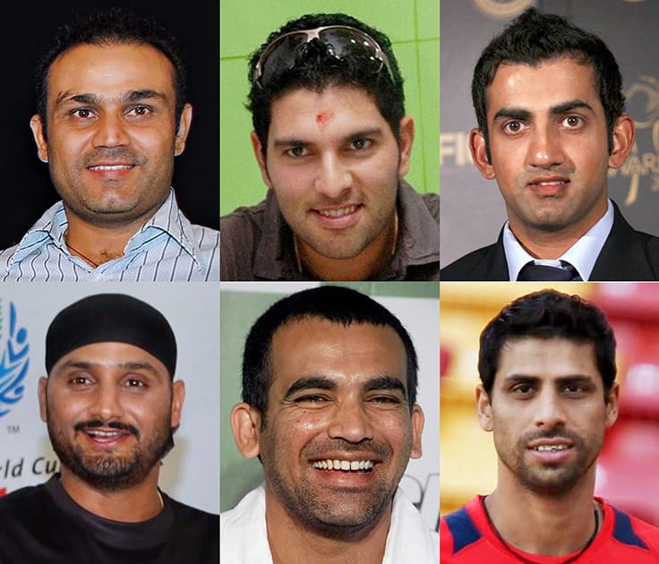 Cricketers Virender Sehwag, Yuvraj Singh, Gautam Gambhir, Harbhajan Singh, Zaheer Khan and Ashish Nehra dropped from the preliminary list of 30 Indian probables for the upcoming ICC World Cup in Australia and New Zealand.