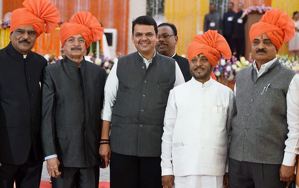 Maharashtra CM Devendra Fadnavis along with Shiv Sena ministers from left Deepak Sawant, Subhash Desai, Ramdas Kadam and Diwakar Raote during their Swearing in ceremony in Mumbai.