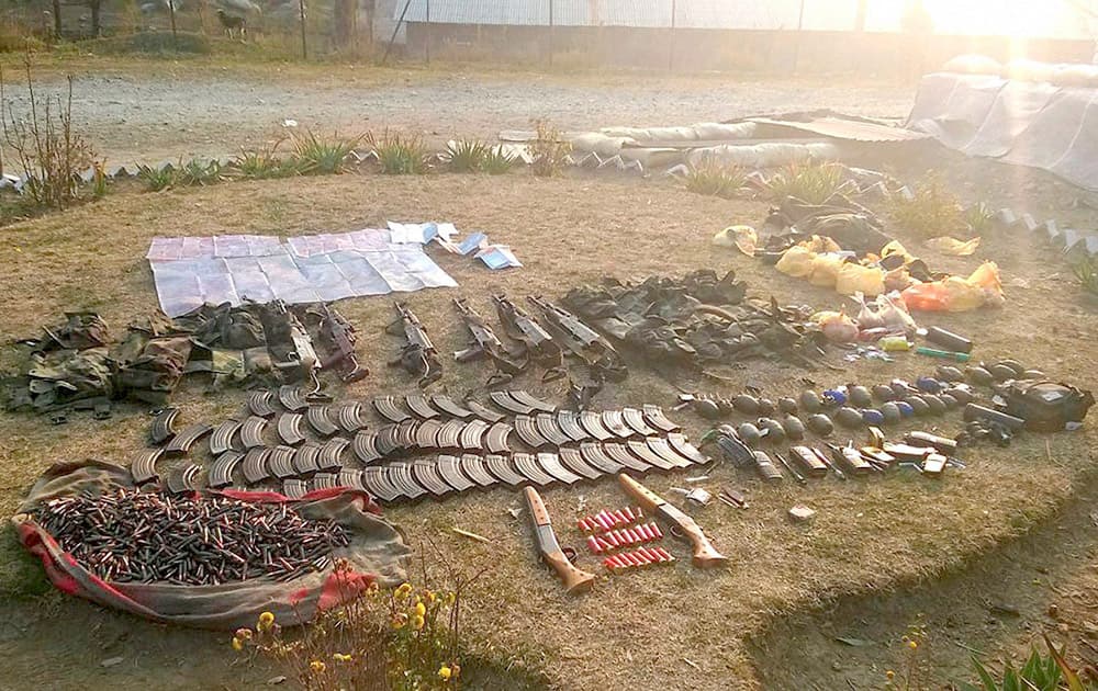 Army displays huge cache of arms and ammunitions recovered from the militants who attacked Army camp.